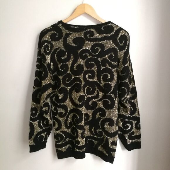 𝅺VINTAGE French Y2K 80s Black & Gold Arabesque Knitted Scoop Neck Sweater Large - Picture 13 of 13